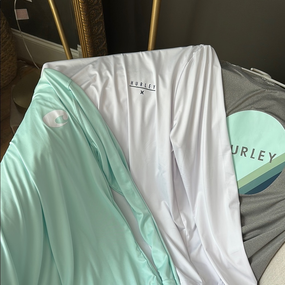 Costa(s)+Hurley(m)upf sun Long Sleeve Shirts in White, Mint and grey bundle of 3
